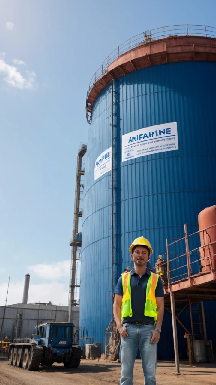 arafine is a large blue tank with a man in a yellow vest, corporate photo, professional image, album photo, photo portrait, a person standing in front of a, commercial photo, advertising photo, beautiful views, profile image, group photo, profile pic, portrait picture, avatar image, full-body-shot, lumine, with a brilliant