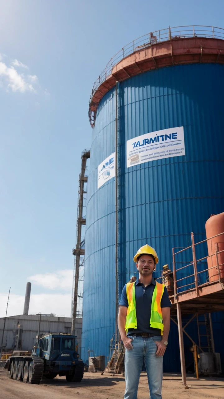 arafine is a large blue tank with a man in a yellow vest, corporate photo, professional image, album photo, photo portrait, a person standing in front of a, commercial photo, advertising photo, beautiful views, profile image, group photo, profile pic, portrait picture, avatar image, full-body-shot, lumine, with a brilliant