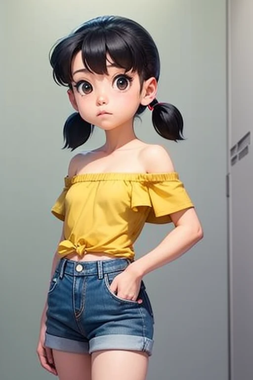 SFW Shizuka, small stature,  body, black short hair, low twin tails tied just below the ears and not extending past the shoulders, stand up straight, character design image,  fashion, loose off-shoulder t-shirt, fitted denim shorts