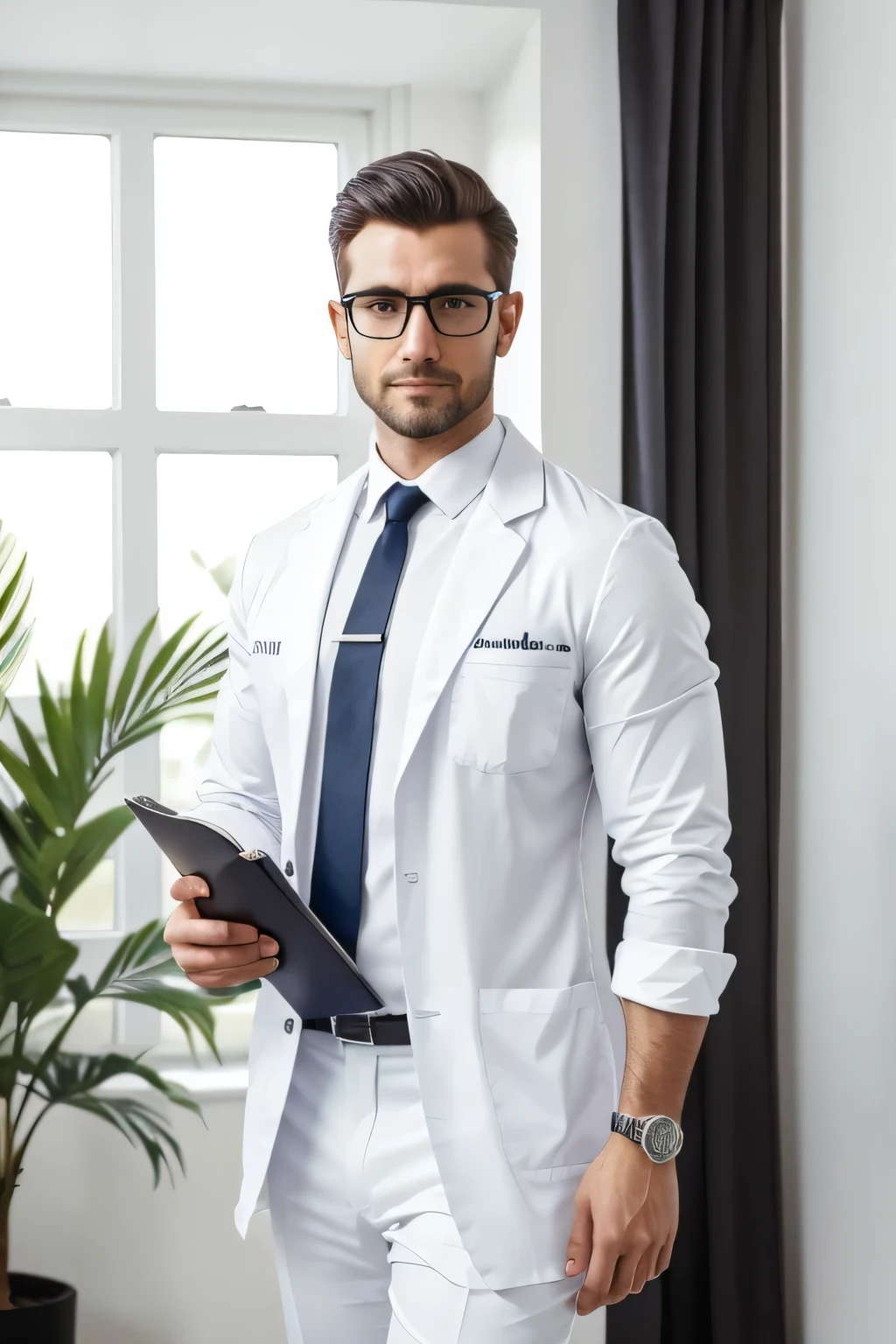 British brand ambassador,Real photography photos, photo of a handsome man, White shirt,Tie,White shirt,Tie,Wearing black glasses,Full body front view,Standing,Wearing white medical gown, Right hand holding a notebook,British brand ambassador, Corporate photos, Handsome man, Professional portrait HD, Wearing white doctor uniform,Beautiful and attractive, Professional profile photo, Attractive man,real picture