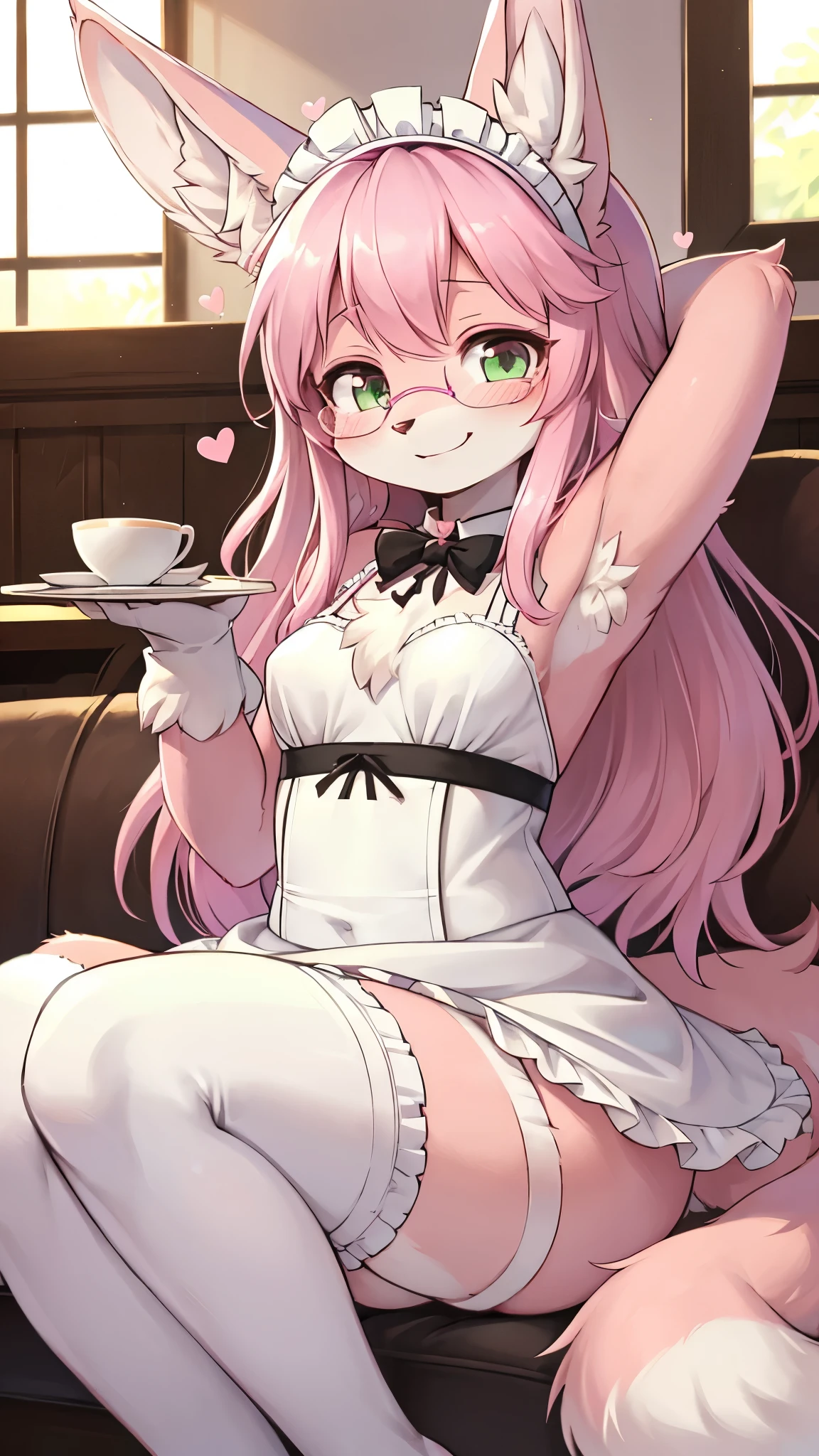 best quality,best reaolution,(fluffy anthro furry :1.6),(young :1.6), rabbit girl,small breasts,wavy hair,curvy hair,long hair,pink rabbit ears,pink rabbit tail,(pink fur :1.6),green eyes,glistering eyes,sparkle eyes,huge circle glasses,maid outfit,maid headdress,(white maid gloves),(white stockings),ribbon bowtie,looking at viewer,full face blush,beautiful cafe,romantic light,light and shadow,heart eyes,heart expression eyes,seductive face,smile,sitting,armpits,sexy pose