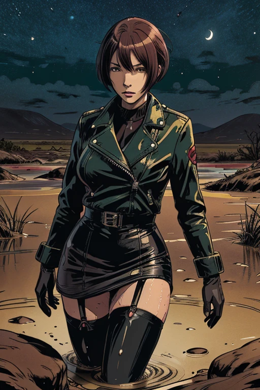 vector image, anime, mature bob-cut woman, gloomy orgasm, rubber biker jacket and pencil skirt and stockings with garters, drowning in the middle of quicksand bog, green,red, blue, night sky, rubber clothing, gloves, bdsm, documentary photo session