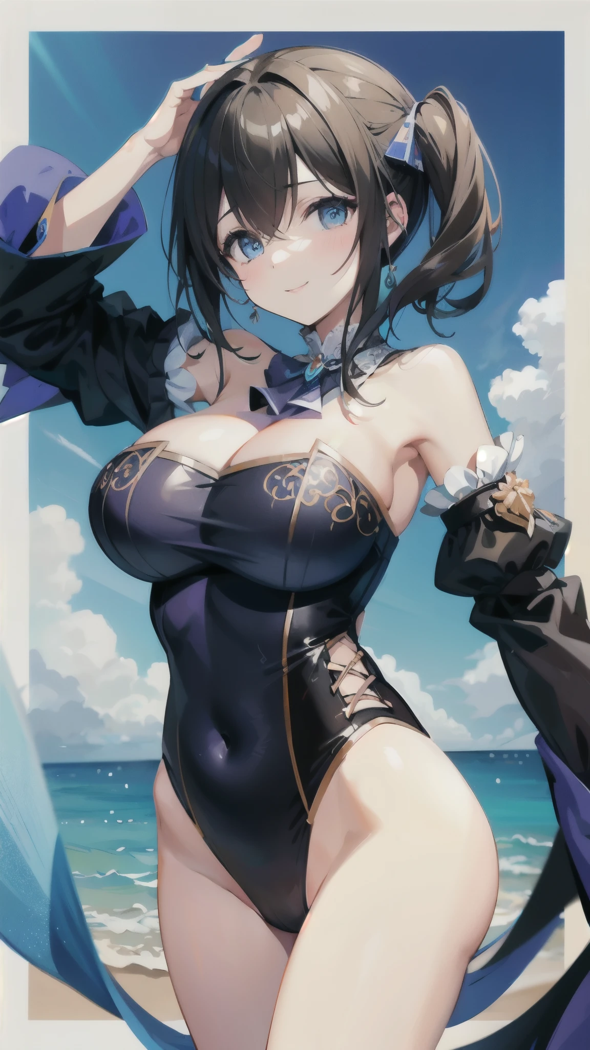 masterpiece, highest quality, Disorganized, Perfect Anatomy, smiling , (((busty))), ,1girl, large breasts , sensual body, Her cheeks flushed, swimwear