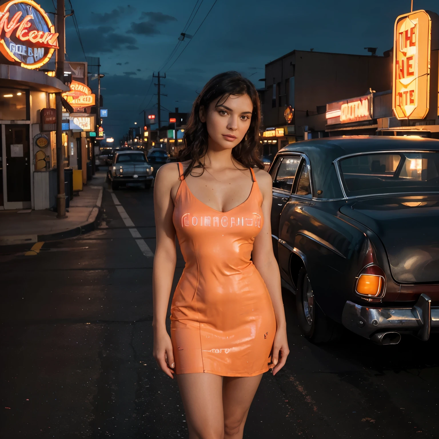 ((masterpiece, highest quality, Highest image quality, High resolution, photorealistic, Raw photo, 8K)), arafed view of a motel with a car parked in front of it, with neon signs, Masterpiece, (Morena Baccarin:Christina Hendricks:0.5), A woman waiting for a guest in front of a motel, seduction, short dress and high heels, route 6 6, neon signs, 1 9 5 0 s americana tourism, some have neon signs, neon lights outside, neon advertisements, gigantic neon signs, neon shops, few neon signs, neon signs in background, k, (upper body Close up shot), Ray Tracing CG Unity 8k walpaper, (Detailed Dress), (Detailed body), (detailed skin),