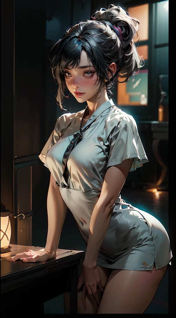 ((Best quality)), ((masterpiece)), (detailed:1.4), 3D, an image of a beautiful cyberpunk female,HDR (High Dynamic Range),Ray Tracing,NVIDIA RTX,Super-Resolution,Unreal 5,Subsurface scattering,PBR Texturing,Post-processing,Anisotropic Filtering,Depth-of-field,Maximum clarity and sharpness,Multi-layered textures,Albedo and Specular maps,Surface shading,Accurate simulation of light-material interaction,Perfect proportions,Octane Render,Two-tone lighting,Wide aperture,Low ISO,White balance,Rule of thirds,8K RAW,Short clothes, sung backwards