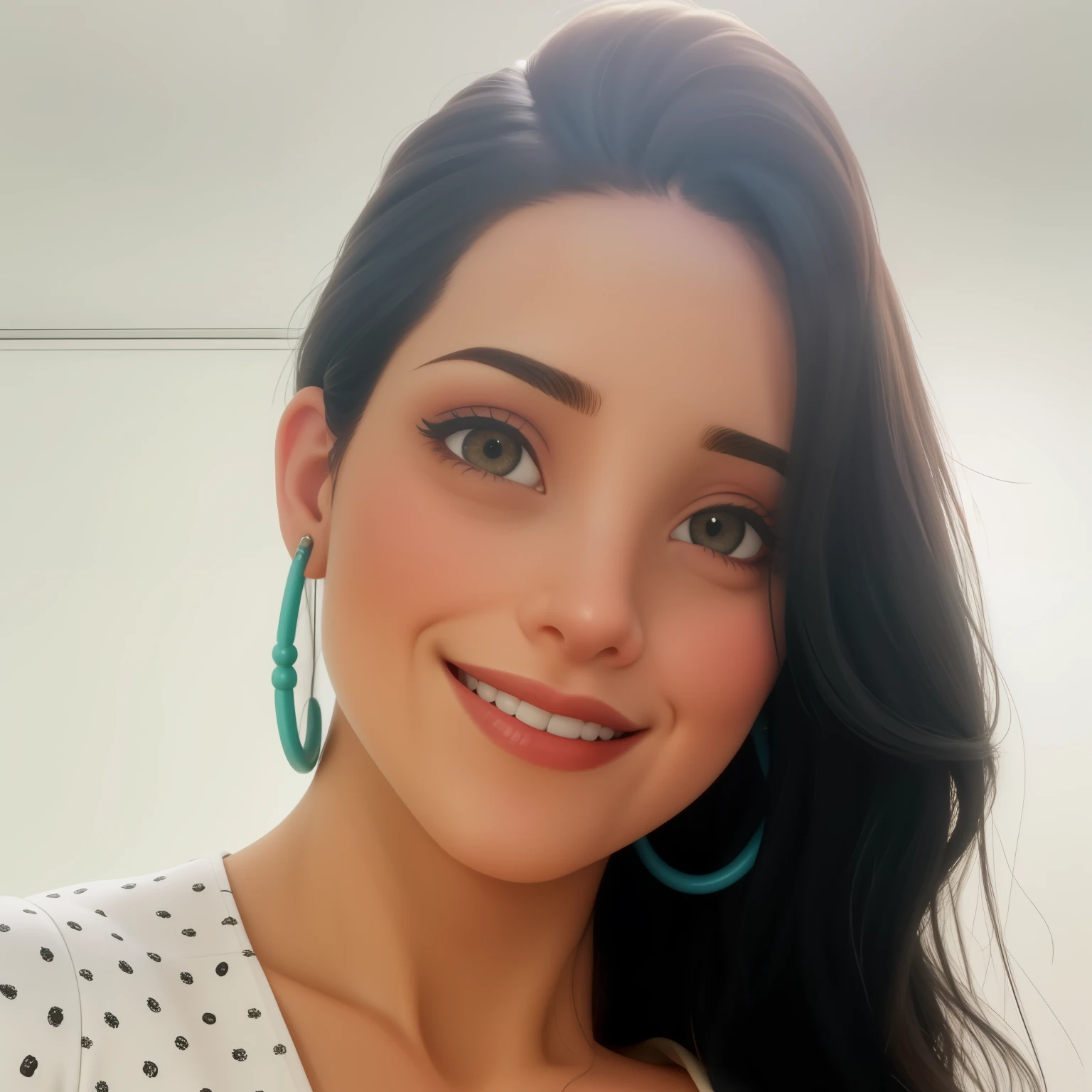 Uma mulher de 34 anos, com cabelos pretos curtos, Rosto redondo, rosto redondo com sorriso debochado, e olhos castanhos escuros