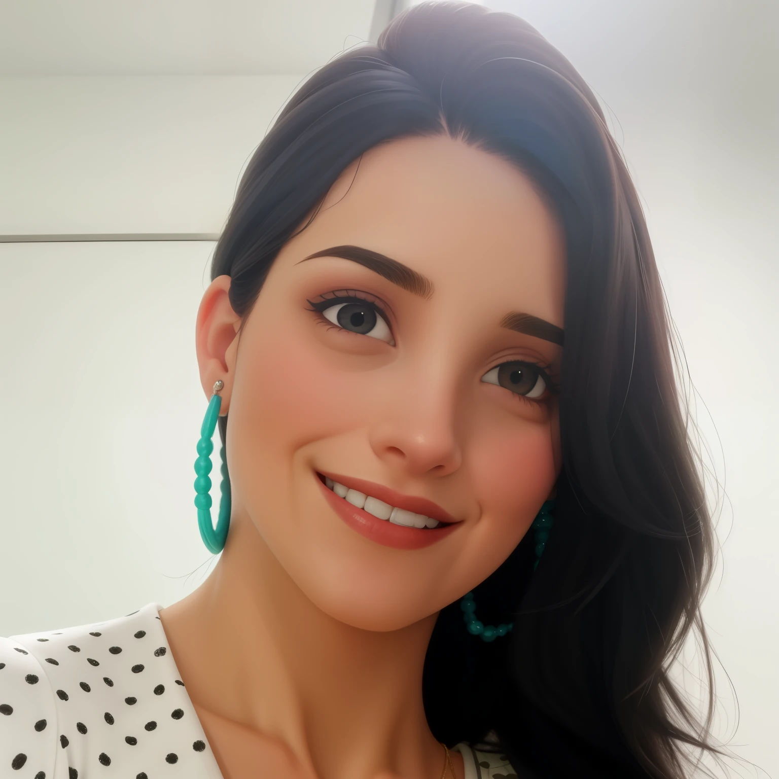 Uma mulher de 34 anos, com cabelos pretos curtos, Rosto redondo, rosto redondo com sorriso debochado, e olhos castanhos escuros