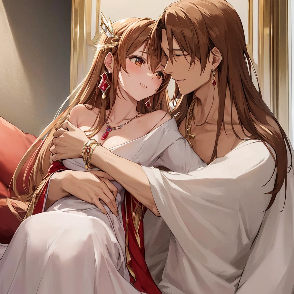 ((highest quality)), ((masterpiece)), (detailed), Perfect Face、((Yuuki Asuna))、Brown Hair、((Men and women get naked))、((They have sex in the face-to-face cowgirl position while holding each other tightly.))、On the bed in the bedroom、((A man and a woman have marital relations on a bed))、A man and a woman are a couple、Gorgeous Phoenix Crown、Woman has a happy face、Gorgeous hair ornament、Earrings、necklace、Bracelet、Luxury accessories、（The woman is the empress）、（The man is the prince）、((Woman hugs man))、（The man puts his hands around the woman&#39;s waist and hugs her）、((A man, a man and a woman make love deeply in bed))、((The woman spreads her legs and wraps them around the man&#39;s waist while hugging him and having sex.))、((A man hugs a woman and has sex))、((A man&#39;s penis enters a woman&#39;s pussy and semen is released))、((The man has a big erect penis))、((The woman&#39;s pussy is exposed and there is semen inside.))、((The man has a big dick))、((The woman is an exposed pussy))