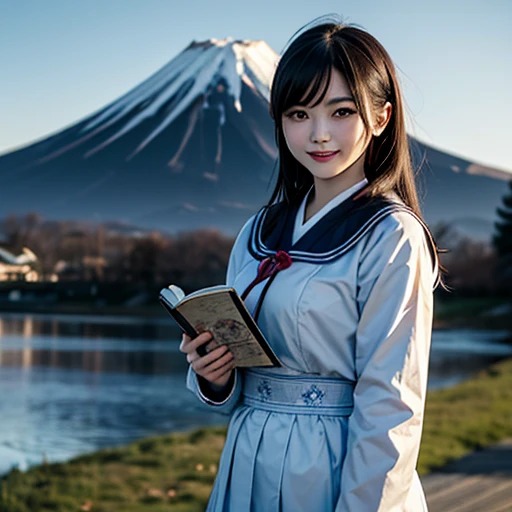 best quality, masterpiece,
outdoors, 

a high school girl with a book and a schoolbag,
wearing a long-sleeved Japanese mitakihara , 
smile, cute, face fully visible, serafuku,


Background,

blue Morning glory, 
(only one large and big mount Fuji:1.2)