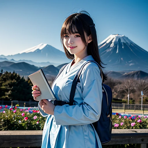 best quality, masterpiece,
outdoors, 

a high school girl with a book and a schoolbag,
wearing a long-sleeved Japanese mitakihara , 
smile, cute, face fully visible, serafuku,


Background,

blue Morning glory, 
(only one large and big mount Fuji:1.2)