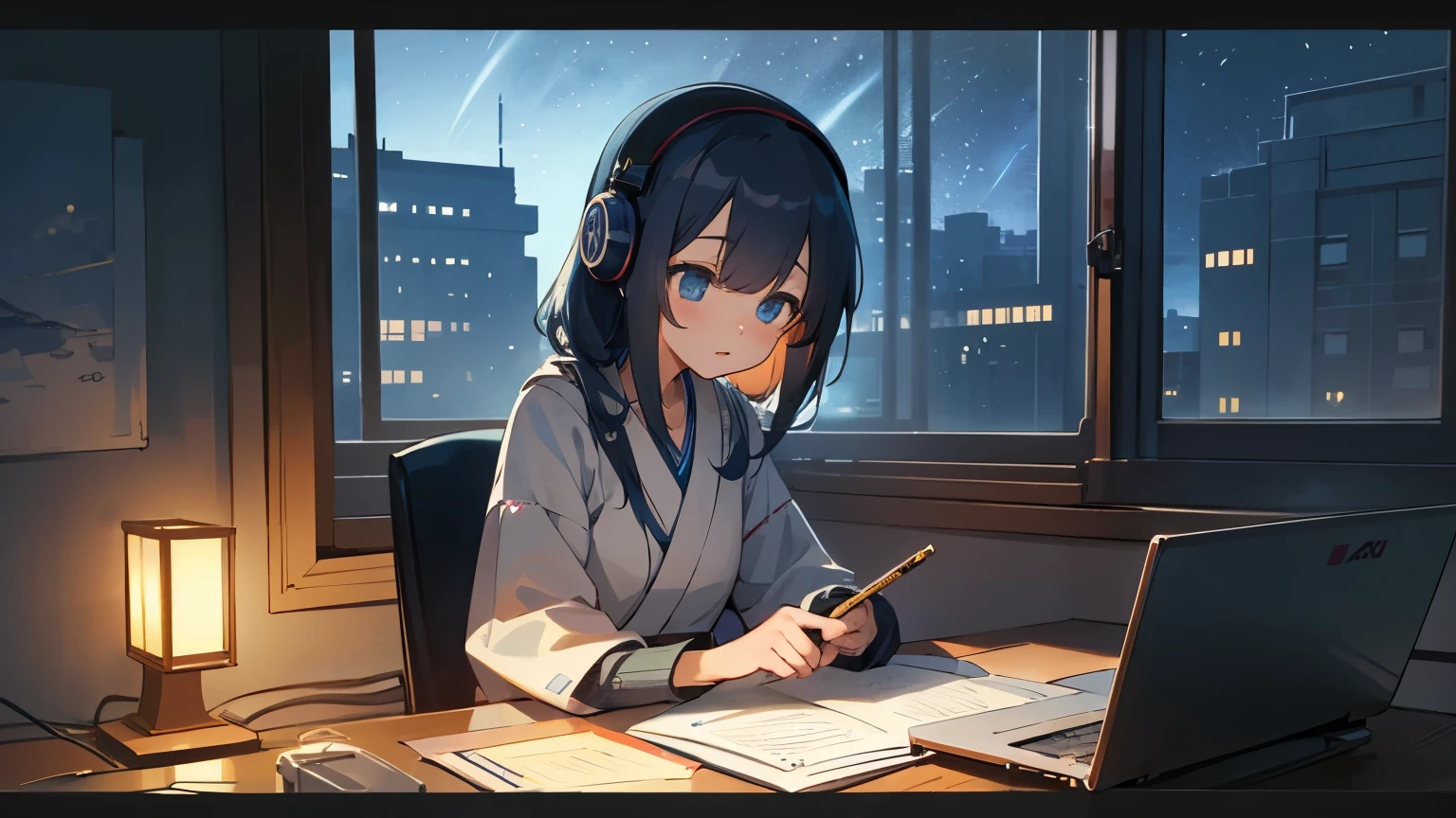 Listening to music with headphones in a girly room、A girl studying。There is a laptop computer open in front of the desk.、Eyes following the screen。A pen is in hand and writing in a notebook。Outside the window, the shadow of a building floats faintly in the starry sky.、Night Scenery。Japanese anime style。
