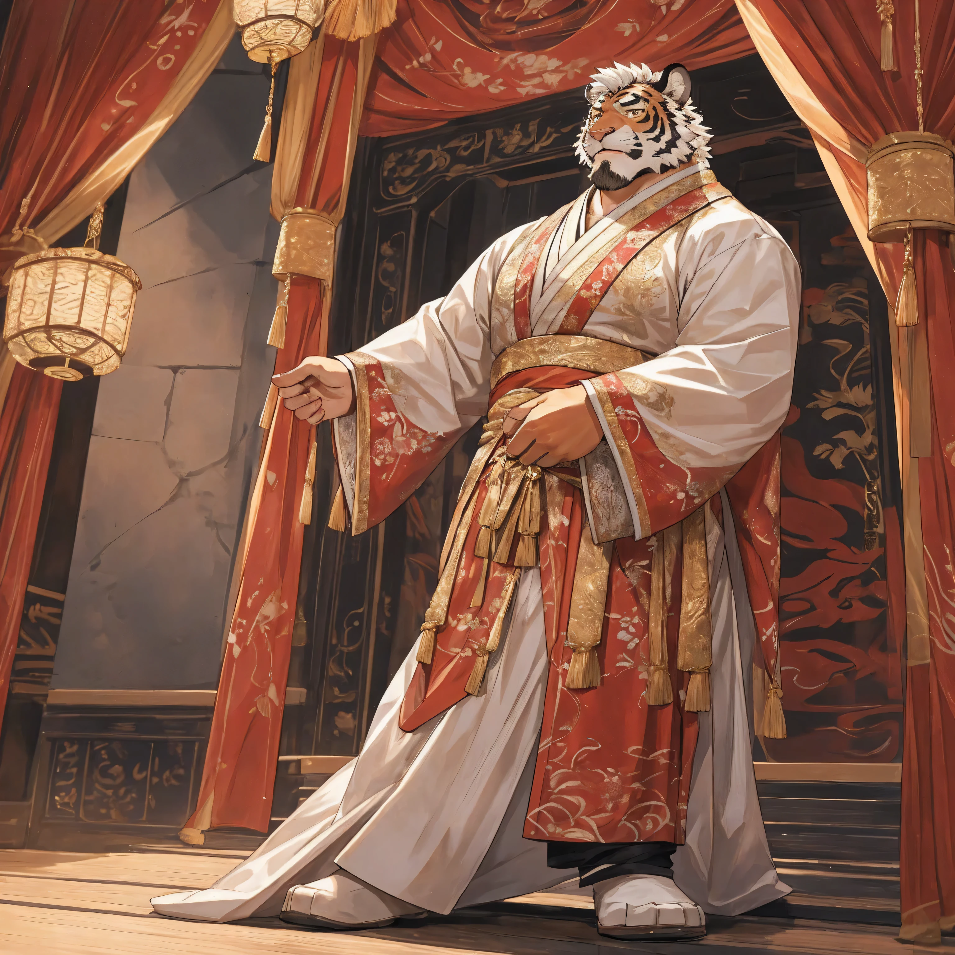 masterpiece, best quality, 8k resolution, Very detailed, hairy，tiger，Calm，Strong，male，White hair，short hair，Golden Eyes，Opera costumes，Peking Opera，Hanfu，Detailed facial depiction，Highest quality scene，whole body，Standing，male，august，Solitary，