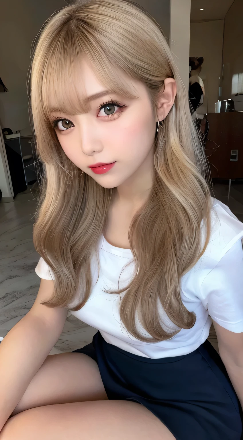 high quality、blonde、Check skirt、White shirt、Gal、mini skirt、Light Hair Color、Bronze colored hair、sexy 、blonde、high school girl、Thin legs、Beautiful eyelashes、High resolutionの顔、Zoom out、20-year-old、Knee-length viewing angle、最high quality, figure, Very detailed, Fine details, High resolution, 8K Dende Wallpaper, Beautiful fine details, Random Cute Hairstyles, C cup breasts, Natural color lip
