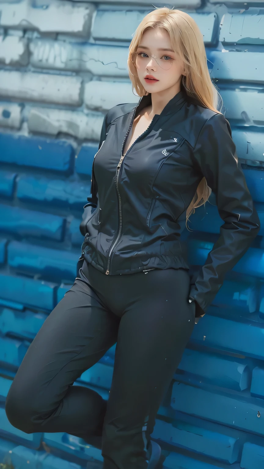 a woman in a black jacket and pants leaning against a blue wall, photograph of a techwear woman, wearing black tight clothing, skintight black clothes, wearing tight suit, sports clothing, catsuit, 2 techwear women, sport clothing, in spandex suit, black canary, black jacket, black undersuit, wearing a black catsuit, black spandex, stealth suit