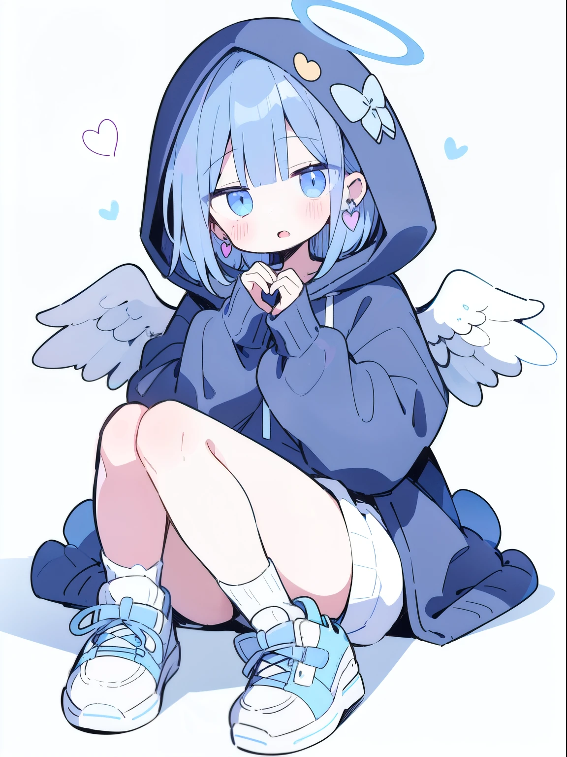 1girl, gyaru, angel halo, (fallen angel), earrings, curry hair, heart, (white and light blue), (too big hooded sweatshirt, over size), sneakers, expressionless, (unamused:0.4), open mouth, looking at viewer, (thigh:0.8), simple background, full body, (cyber punk:0.6)