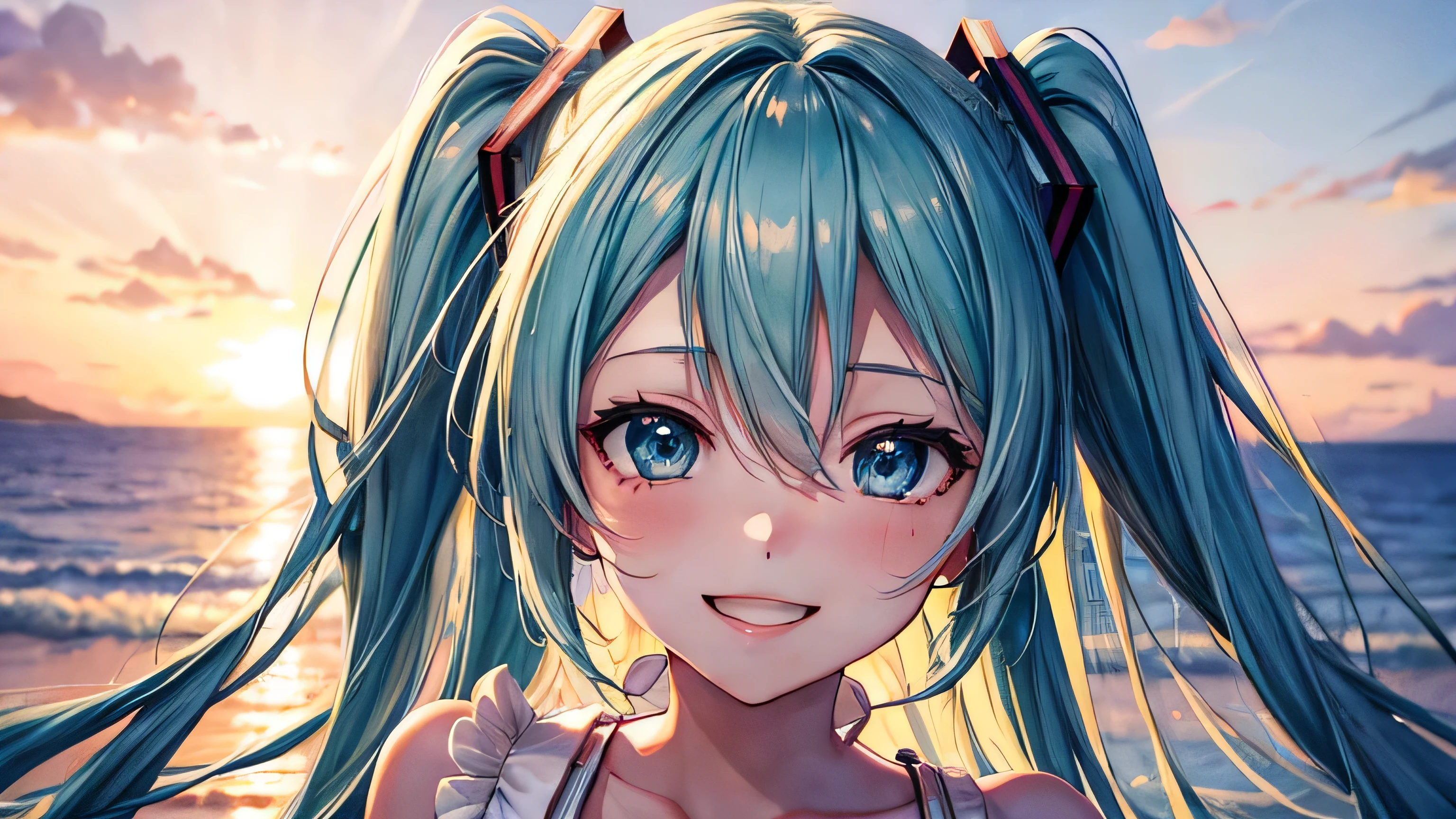 Hatsune Miku A big smile White dress summer Sunset coastal Highest 4K high quality high resolution Precision Detailed facial expressions Detailed eyes Detailed Hair