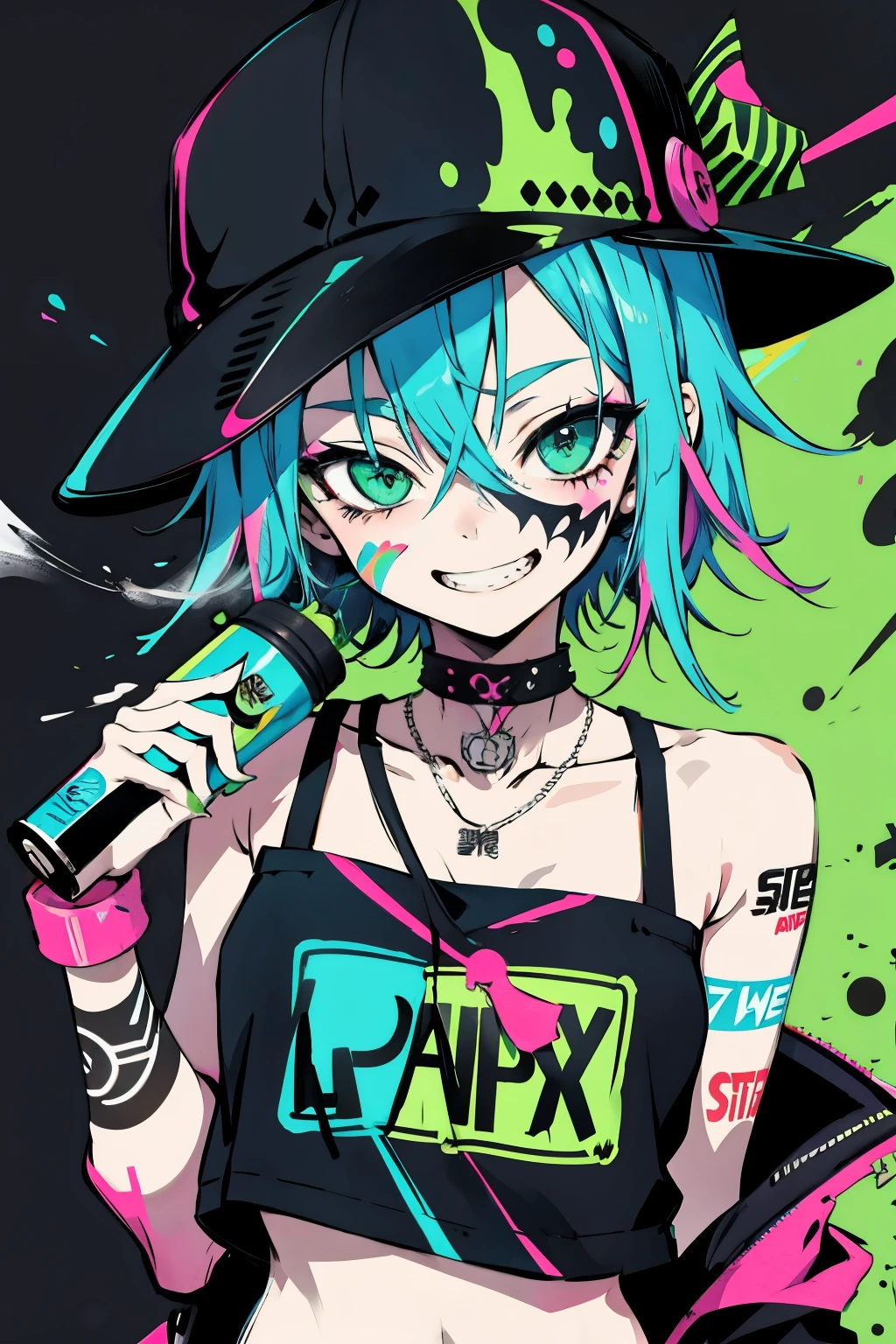 Slim anime girl with hat and mask, Thin face, Holding a spray can, green messy hair, Neon pink and blue street background, Stickers, Grinning face, Harley Vibe, Bad boy