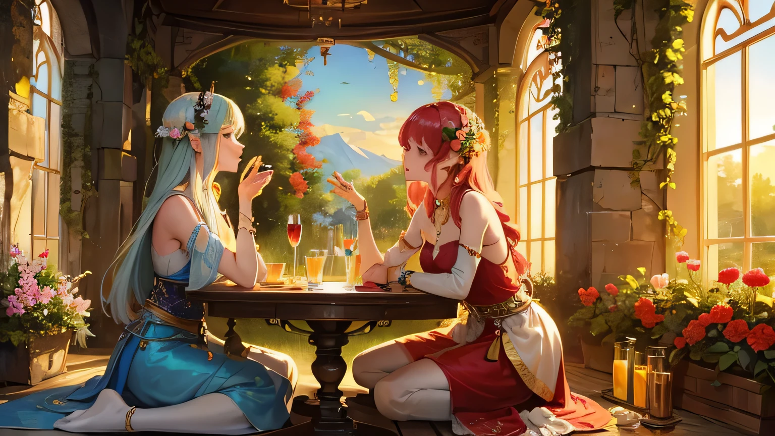(masterpiece), best quality, impeccable illustration, scene depicting a picnic with League of Legends characters, ultra precise details, dynamic composition, vibrant colors, enhanced luminosity and shadows, elements such as food, picnic towel and detailed accessories, countryside environment with flowers, trees and grass, pleasant weather with sun and white clouds in the sky. --auto --s2
