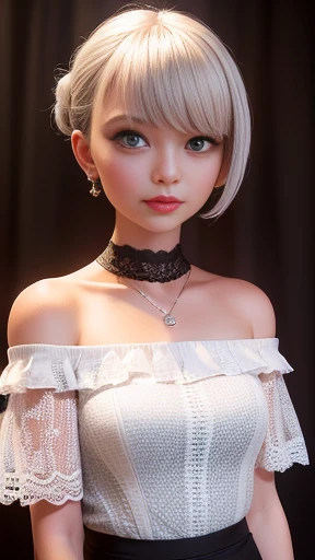 highest quality, Ultra-high resolution, (Realistic: 1.4), One Girl, Off-the-shoulder white lace shirt, Black tight mini skirt, (Faded grey hair,short hair), (Mid-chest: 1.2), Look Viewer, close,