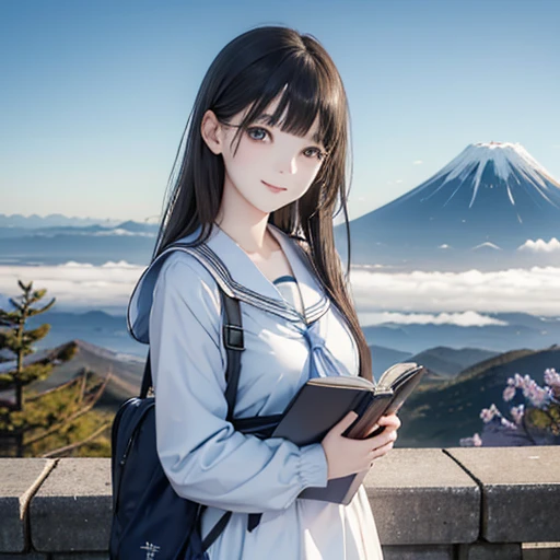 best quality, masterpiece,
outdoors,
a high school girl with a book and a schoolbag,
wearing a long-sleeved Japanese mitakihara ,
smile, cute, face fully visible, serafuku,
Background,
blue Morning glory,
(only one large and big mount Fuji:1.2)