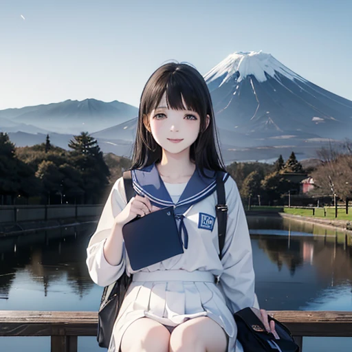 best quality, masterpiece,
outdoors,
a high school girl with a book and a schoolbag,
wearing a long-sleeved Japanese mitakihara ,
smile, cute, face fully visible, serafuku,
Background,
blue Morning glory,
(only one large and big mount Fuji:1.2)