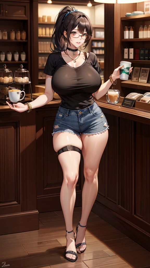 masterpiece, high quality, detailed eyes, 
1girl, brown eyes, black hair, (EYEWEAR:1.1) side locks, bangs, ponytail, (mature female, milf:0.8), (big breasts:1.1), (voloptuous:1.2), (thick thighs:1.0), tall, leggy, light smile,  (muscular:0.6), (pubic tattoo:1.0),
solo, looking at viewer, cowboy shot, cafe, Starbucks, Library, holding book, high heel sandal, standing, contrapposto, black t-shirt, jeans short short shorts, necklace, bracelet, choker, thigh strap, covered nipple,