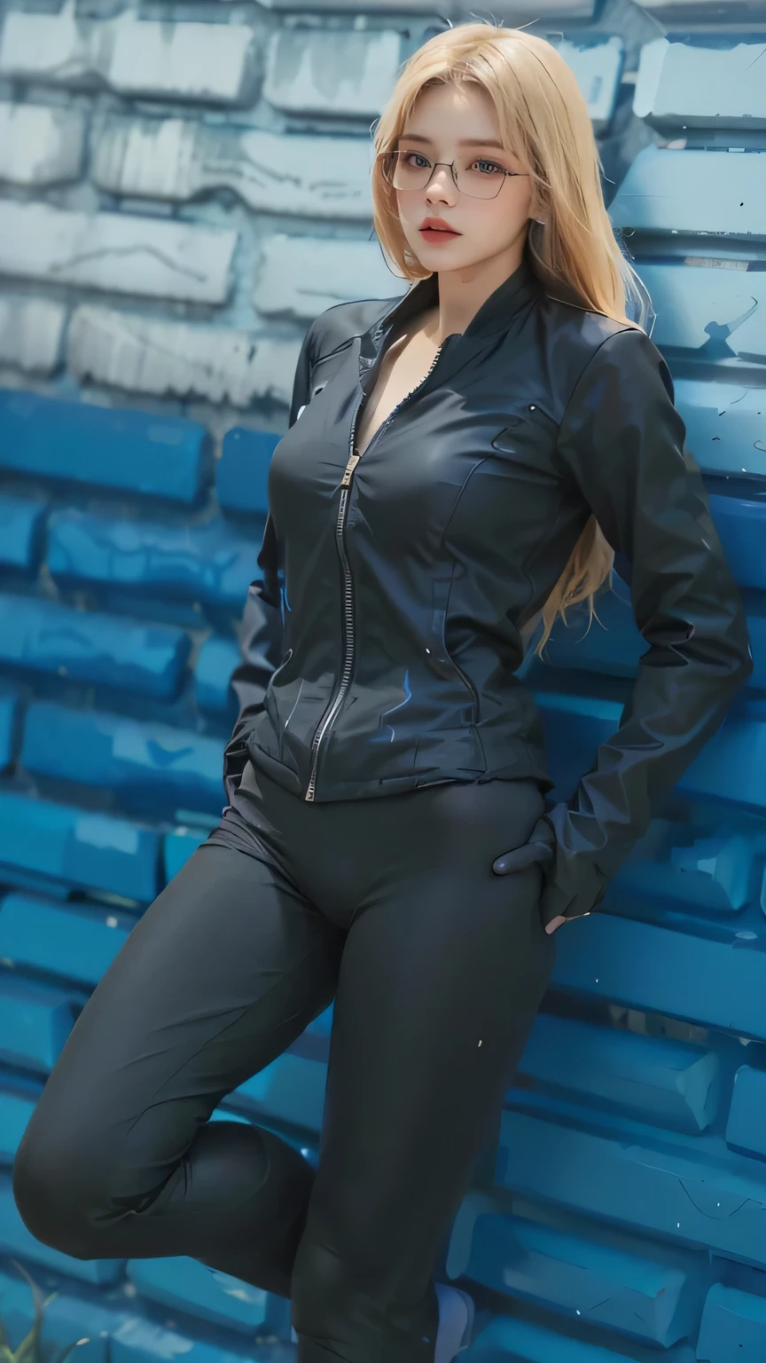a woman in a black jacket and pants leaning against a blue wall, photograph of a techwear woman, wearing black tight clothing, skintight black clothes, wearing tight suit, sports clothing, catsuit, 2 techwear women, sport clothing, in spandex suit, black canary, black jacket, black undersuit, wearing a black catsuit, black spandex, stealth suit