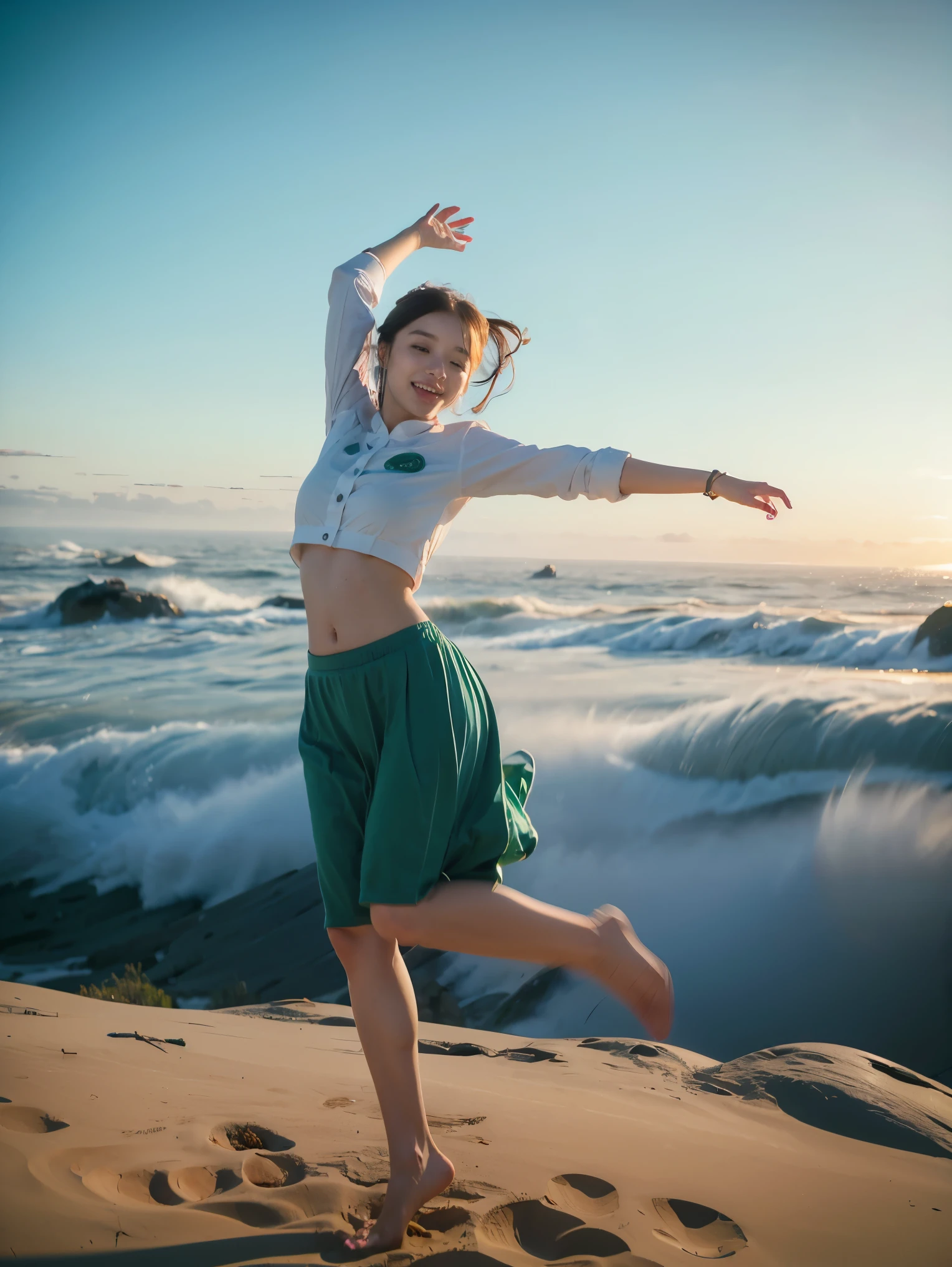 Photography of an adorable girl in modern attire, carrying a backpack, joyfully leaping and stepping on jade-colored auspicious clouds. Her entire body embodies the texture of jade, with hues of white and jade green, captured in a realistic photograph that showcases the fusion of human form and precious stone. The whimsical scene captures the girl's playful spirit as she dances above the clouds, blending the earthly with the ethereal in a visually enchanting composition
