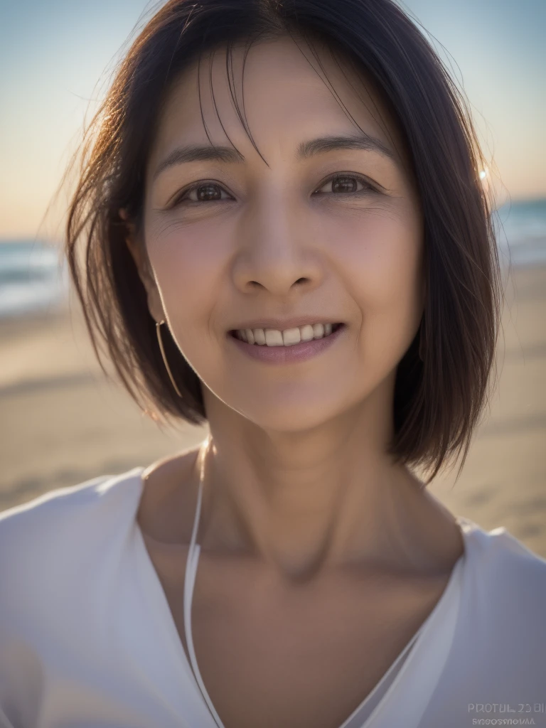 NSFW, ((Top Quality)), ((8K)), ((Masterpiece: 1.3)), (Perfect Appearance), (Photorealism: 1.6), (Japanese woman walking on the beach: 1.4), (sandy beach at sunset), japanese woman, (48 years old), (back view), ((Standing upright, facing forward, center of screen)), ((Realistic skin texture)), (Fine wrinkles throughout the skin), (Dull skin), (Skin without moisture) , (Wrinkles on the face), (Wrinkles on the corners of the eyes), Double eyelids, tear bags on the lower eyelids, The eyes are looking here, serious gaze, smile with the corners of the mouth raised wide, straight medium length, hair fluttering in the wind, (face close-up: 1.3), Angle from feet: 1.2,