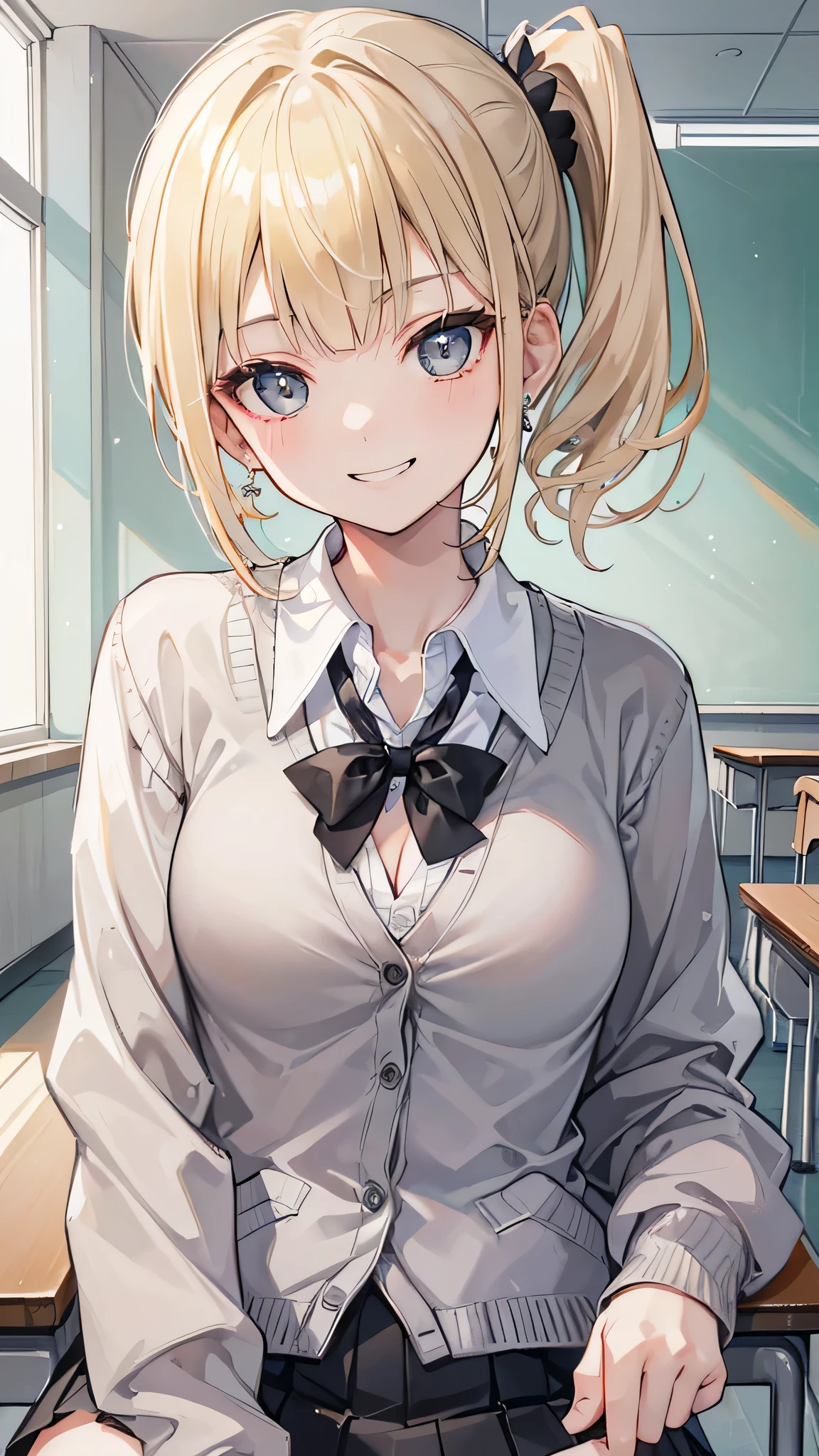 (8k、Best image quality、highest quality、masterpiece)、Detailed face、1 girl、blonde、short hair、((Side Ponytail))、Grey Eyes、Earrings、Wicked Smile、Grin、Mid-chest、((White collared shirt))、Cleavage、((Grey cardigan))、Black pleated skirt、Sit on a chair、Rest your elbows on the desk、Shooting from the side、((Classroom Background))