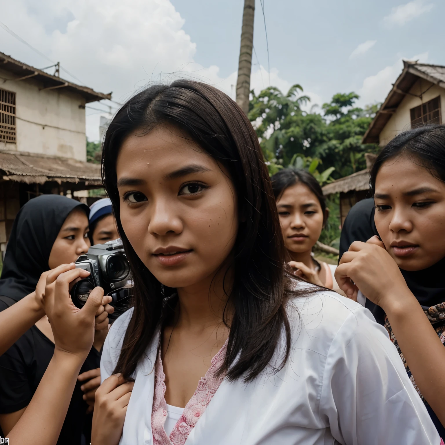 buat kan foto mahasiswa dan mahasiswi yang sedang kkn bangun kampung yang berjumlah 7 orang