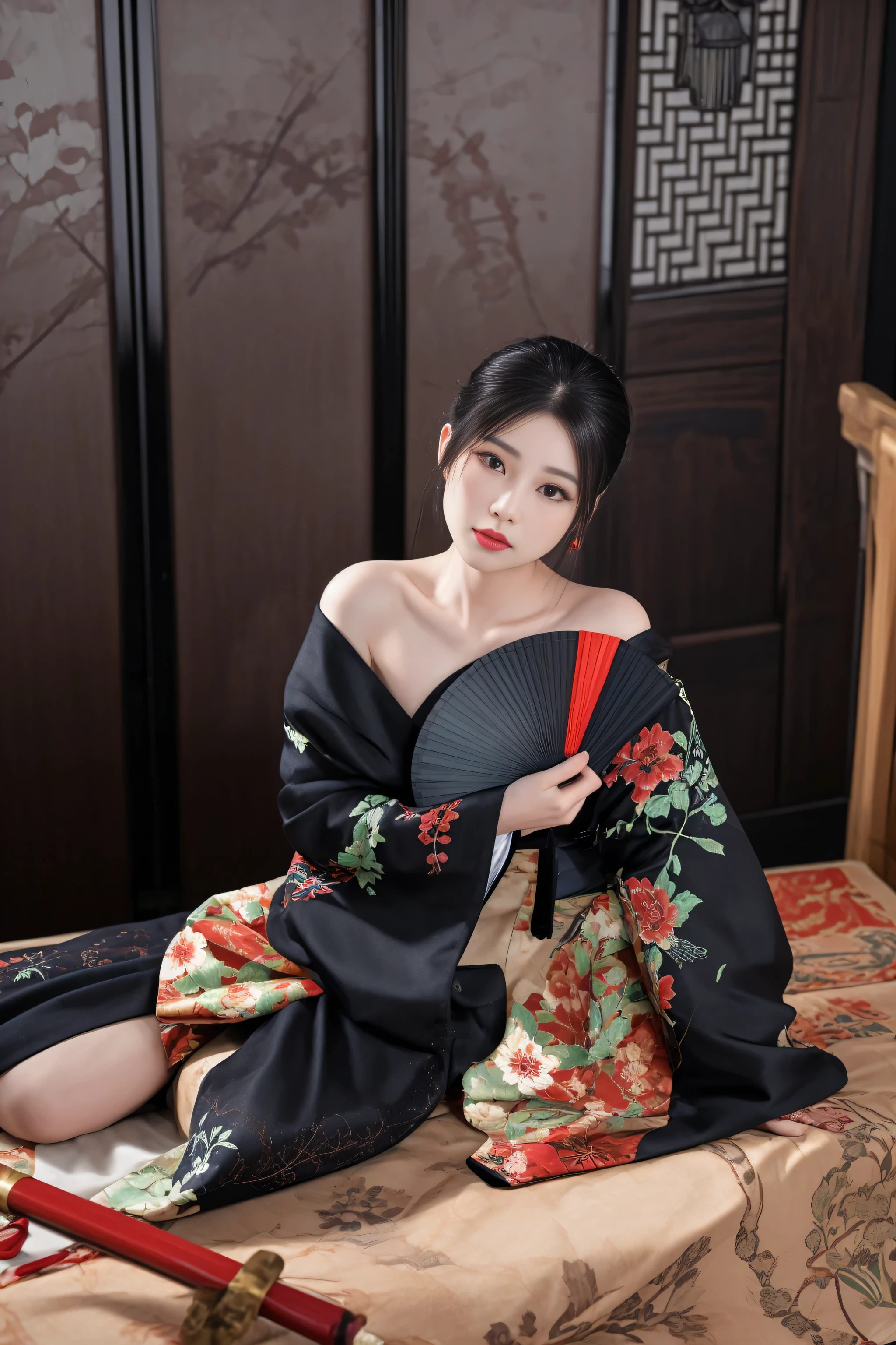 woman in a kimono sitting on a bed with a fan, palace ， a girl in hanfu, with acient chinese clothes, hanfu, in kimono, wearing kimono, wearing black silk robe, traditional beauty, glamorous and sexy geisha, cheongsam, wearing ancient chinese clothes, black and red silk clothing, japanese kimono, portrait shot, wearing black silk robes