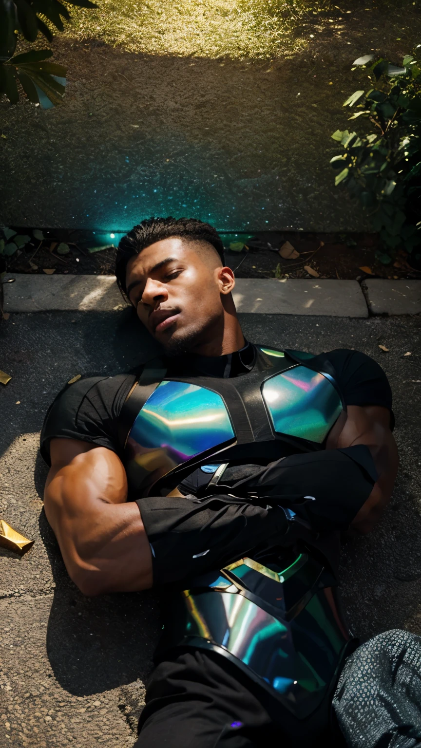 Hombre pelo negro gay guapo, strong and muscular man protecting a blond colonel tall handsome strong muscular man lying on the ground with a green holographic shield with blue and golden electric flashes 