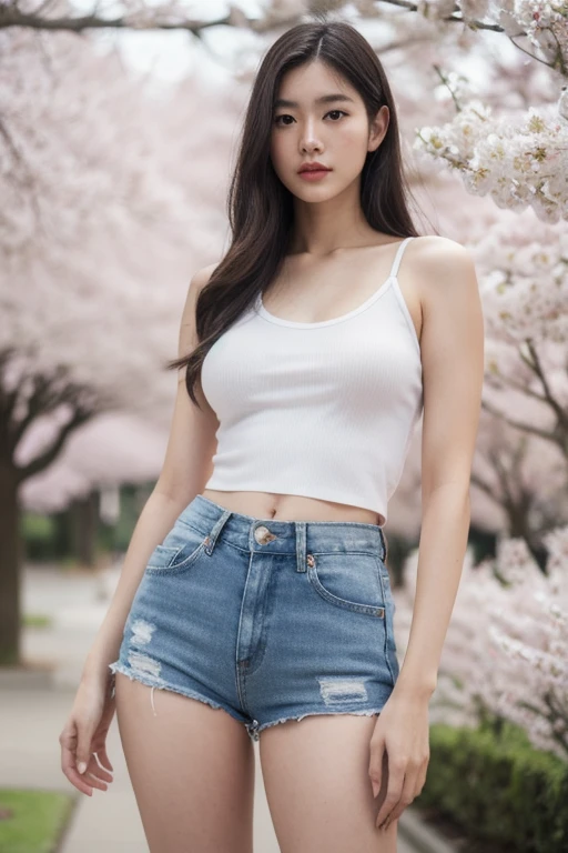 ((100% human realistic)), ((3d human realistic)), ((best quality)), ((masterpiece)), (detailed), full body, full capturing picture, perfect face, ultra realistic, pretty japanese women, she has a long wavy hair, white dye, big breast, F cup, mid fat body, beside a beautiful blooming sakura trees, she was wearing white tank top and mini shorts blue jeans. (Fix abnormal body, face) 