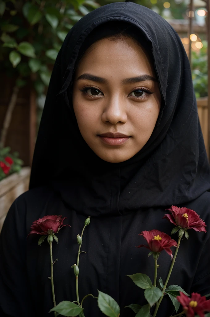 1 Malay girl, 8k quality, black hijab, red heart hodiee, facial details, faint smile, ambient lighting, garden background, flowers, close up photo,