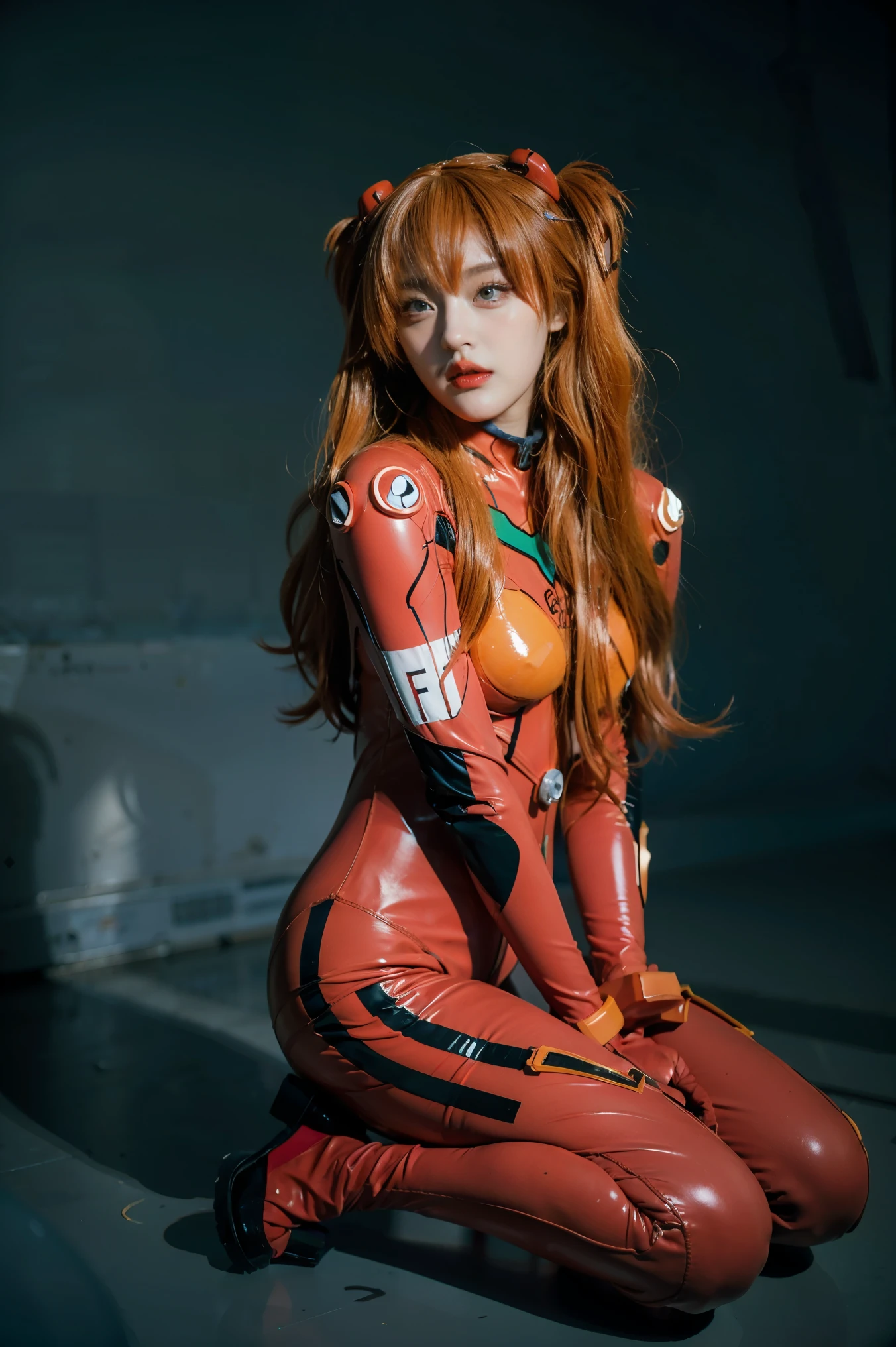 best quality, masterpiece, realistic, photorealistic, 1girl, solo, looking at viewer, full body, wariza, long hair, asuka cosplay costume, cosplay, plugsuit, bodysuit, hair ornament, simple background,