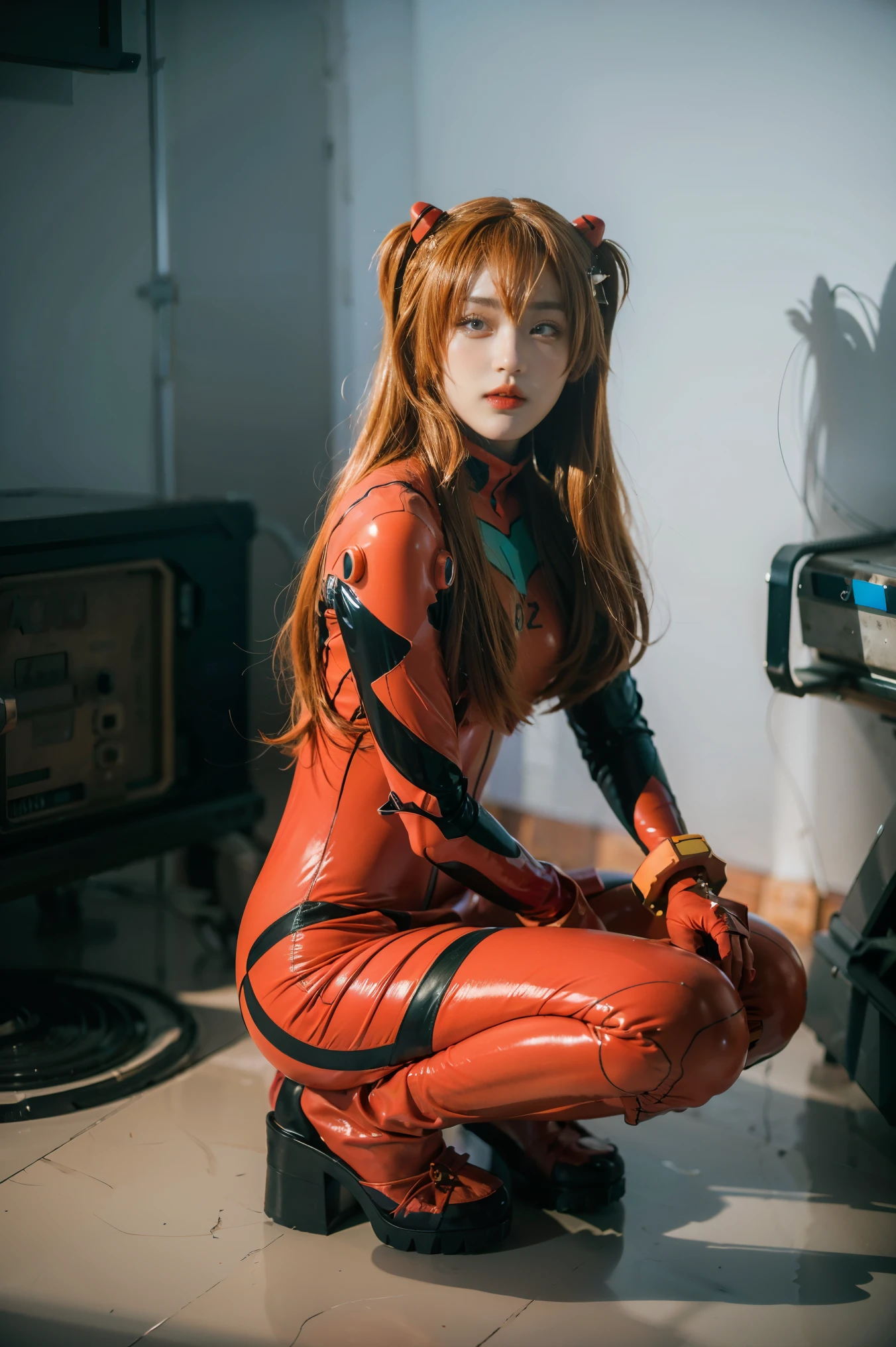 best quality, masterpiece, realistic, photorealistic, 1girl, solo, looking at viewer, full body, wariza, long hair, asuka cosplay costume, cosplay, plugsuit, bodysuit, hair ornament, simple background, 