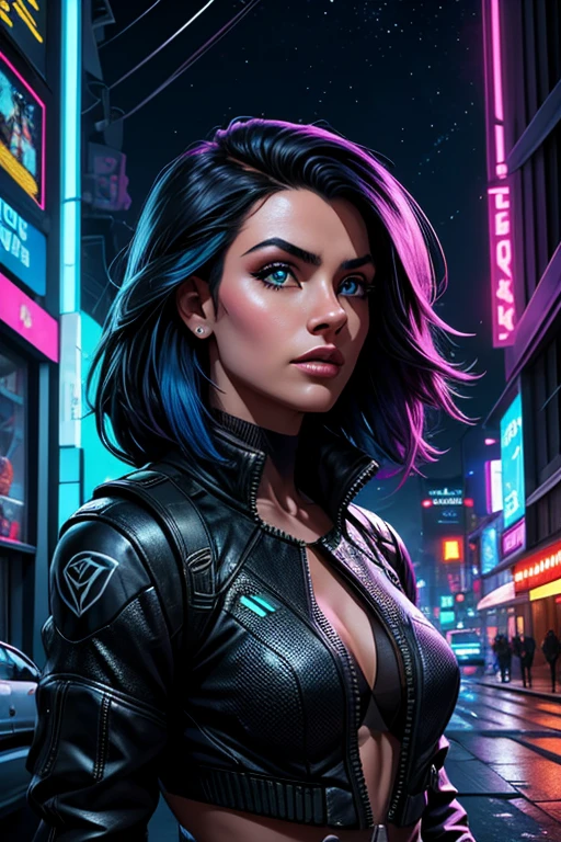 (obra de arte), melhor qualidade, ultra high resolution,Garotinha, cyberpunk 1girl voando sobre uma paisagem urbana deslumbrante ,capuz,cabelo azul,  estrelas cadentes em cor neon, cabelo muito comprido, fora do ombro, enfeite de cabelo de pena, neon colors, pisca, stunning night sky, Cinematic lighting, fotorrealista, Pele realista, hdr,olho de peixe