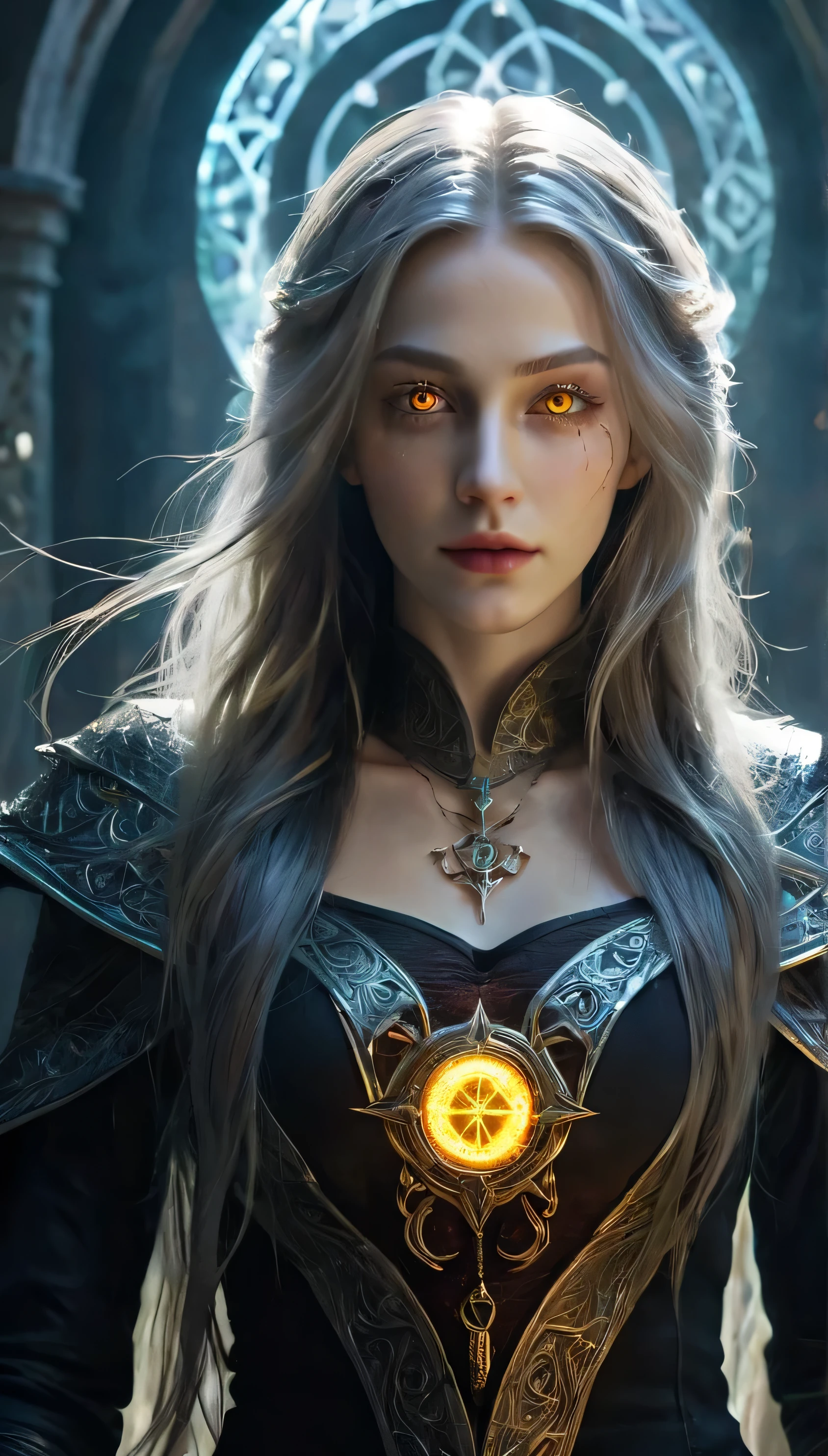 1 girl,adult (elven:0.7) woman,freckles,yellow eyes,gray long hair,
solo,half shot,looking up,detailed background,detailed face,(glowing eyes:1.05),dilated pupils,summoner,unholy,intricate necromancer clothes,amulet,conjuring,movement,evil smile,ritual,pentagram,surrounded by dark  dark magical inscriptions,red swirling summoning energy,(style-swirlmagic:0.7),calling forth evil power,tower background,dark glowing aura,ethereal atmosphere,summoning Phoenix