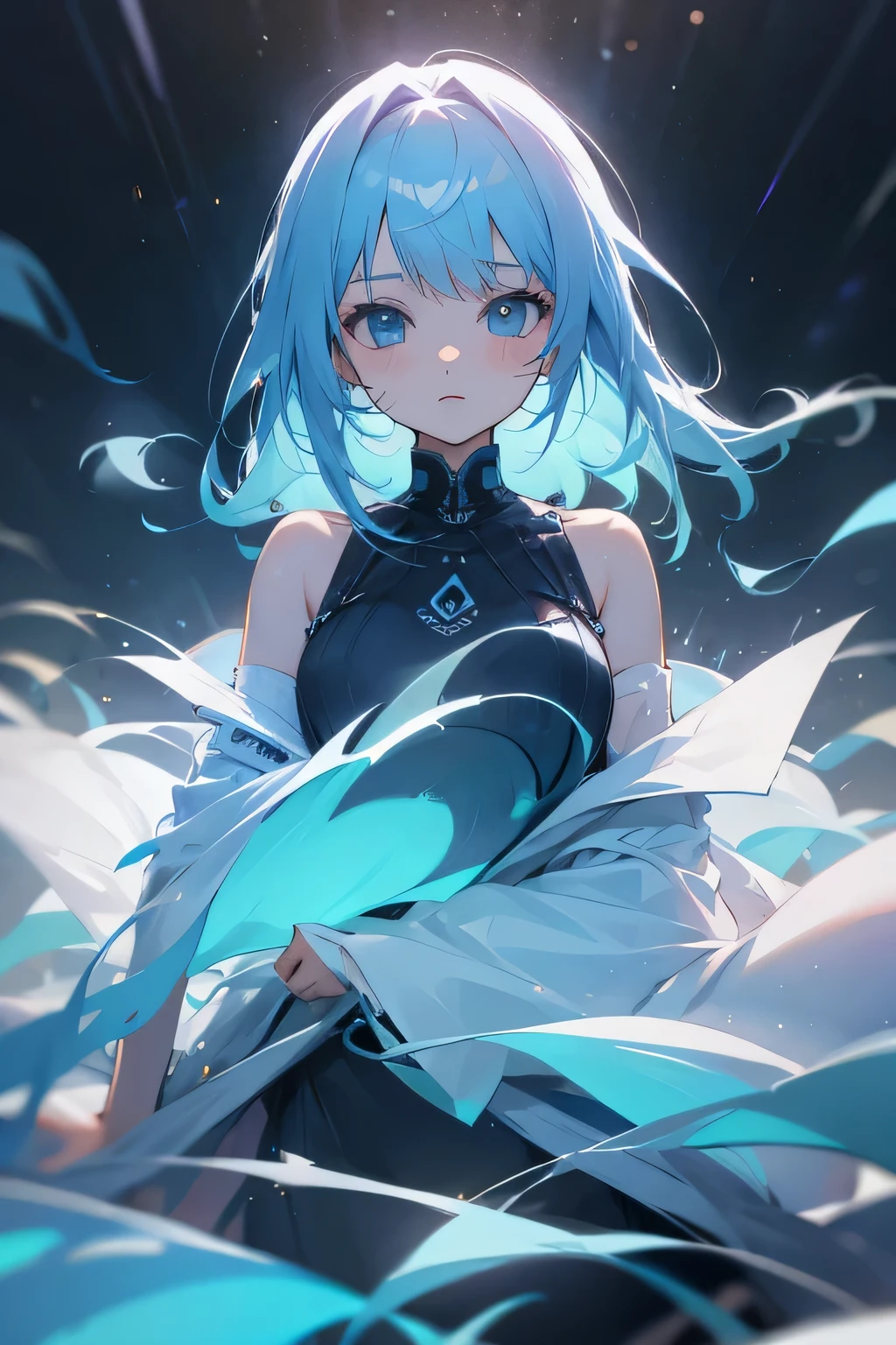 Highest quality, High resolution, One boy, Blue Hair/Light blue hair, Highlight color hairstyle, Diagonal bangs, Hair in the eyes, Simple Background, anime, 
