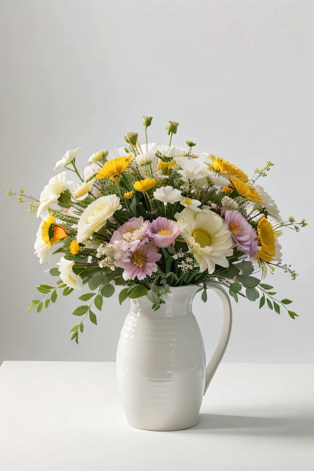 White background, UHD,accurate,super detail,Still life photography, bouquet, bright, Bright, beautiful photos, 16K HD details,beautiful digital artwork, detailed flowers , colorful flowers,best quality,Fuji Color Masterpiece、best quality、very detailed、high resolution、realistic、Draw it realistically,without water bottle,bright color, Gypsophila
