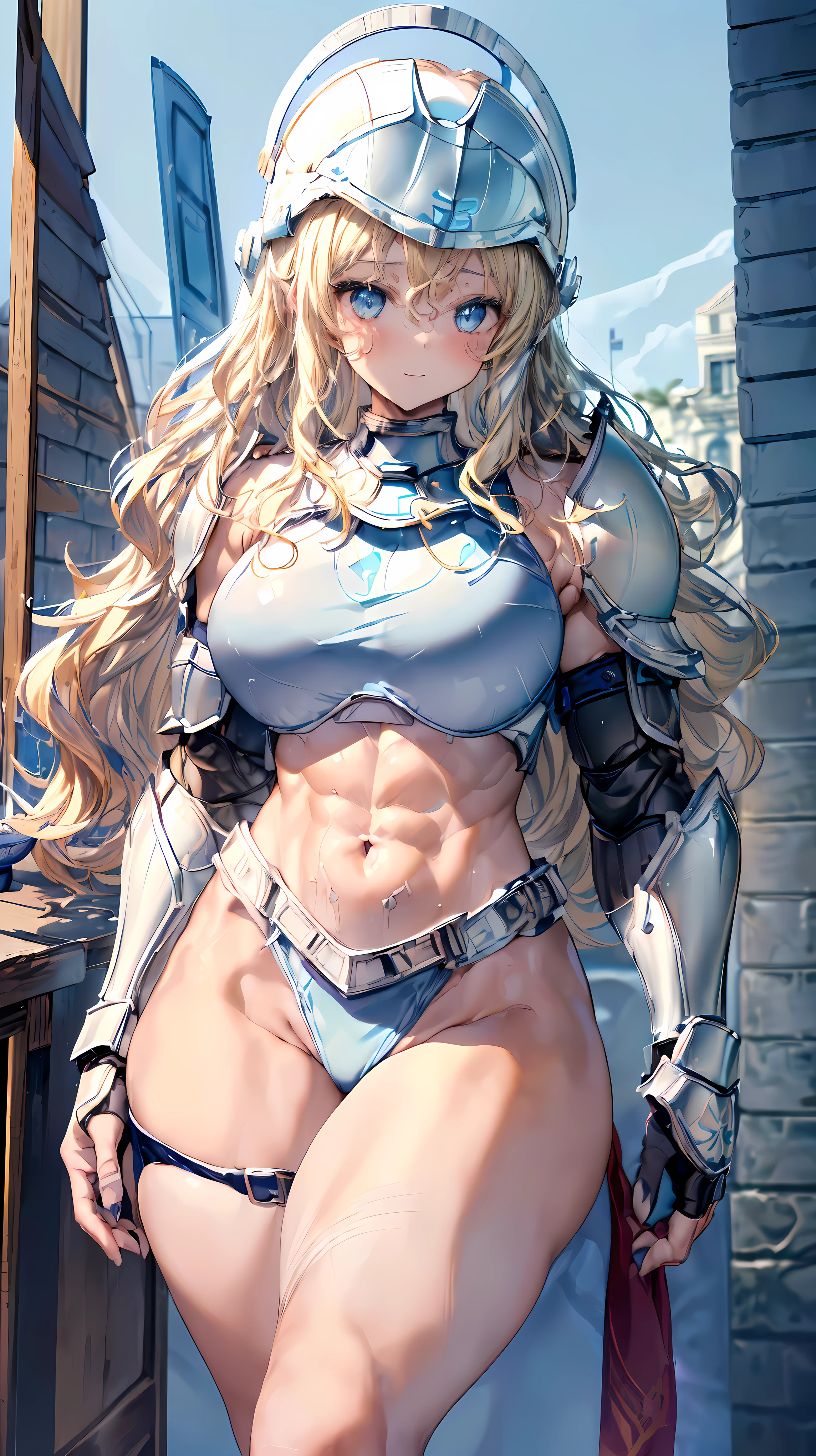 (Adult women:1.5)、Very detailed、highest quality、Best image quality、masterpiece、8k、Anime Face、A kind smile、Open your mouth、Sparkling blue eyes、(Blonde Wavy Hair:1.5)、、Muscles of the whole body、(High leg:1.5)、(Thigh belt:1.5)、(Wearing white bikini armor:1.5)、(Cowboy Shot:1.5)、(Leg armor:1.5)、(Wearing a helmet:1.5)