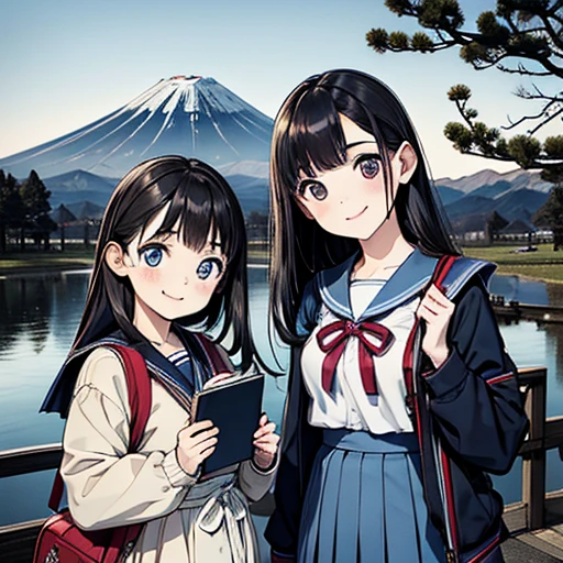 best quality, masterpiece,
outdoors, 

2 high school girls with a book and a schoolbag,
wearing a long-sleeved Japanese mitakihara , 
smile, cute, face fully visible, serafuku,


Background,

blue Morning glory, 
(only one large and big mount Fuji:1.2)