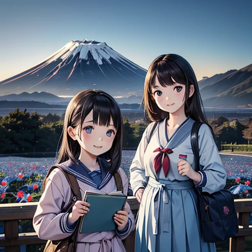 best quality, masterpiece,
outdoors, 

2 high school girls with a book and a schoolbag,
wearing a long-sleeved Japanese mitakihara , 
smile, cute, face fully visible, serafuku,


Background,

blue Morning glory, 
(only one large and big mount Fuji:1.2)