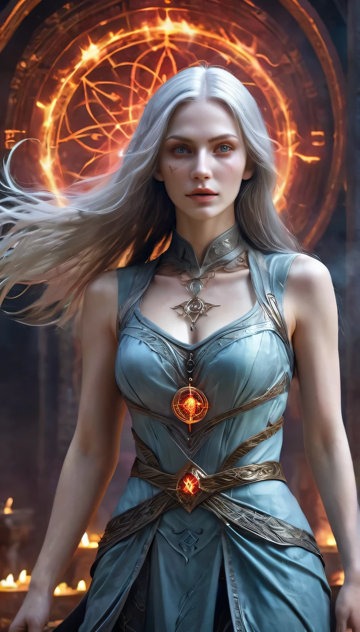 1 girl,adult (elven:0.7) woman,freckles,yellow eyes,gray long hair,
solo,half shot,looking up,detailed background,detailed face,(glowing eyes:1.05),dilated pupils,summoner,unholy,intricate necromancer clothes,amulet,conjuring,movement,evil smile,ritual,pentagram,surrounded by dark  dark magical inscriptions,red swirling summoning energy,(style-swirlmagic:0.7),calling forth evil power,tower background,dark glowing aura,ethereal atmosphere,summoning Phoenix