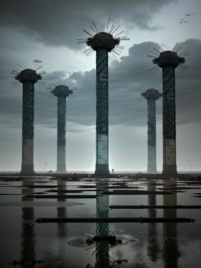 In a post-apocalyptic future, on the ground full of water it rains a lot, drops of water splash strongly upwards in symmetry