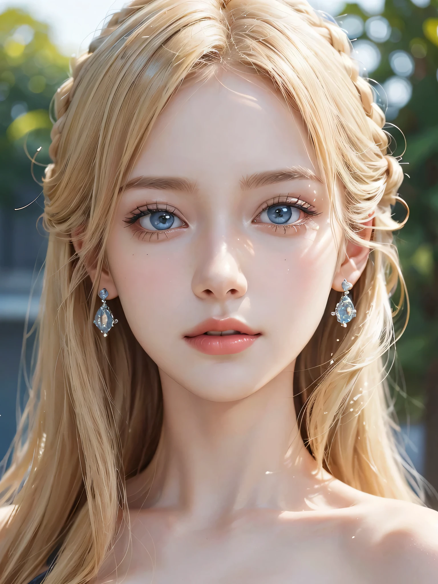 a 20 yo woman, blonde, soothing tones, muted colors, high contrast, (natural skin texture, hyperrealism, soft light, sharp), masterpiece, ultra high resolution, ultra realistic, realistic face, Highest high resolution, lady standing on outside, daylight, beautiful face, look forward, a determined face, side light, dramatic light, eyes on audience, Dynamic bust of beautiful aristocratic maiden, light blonde hair, beautiful blue eyes,Crystal jewelry filigree,Ultra-detailed details,upscaled。best quality, 8k, high quality, masterpiece, straight hair, Fair skin, side sun-light, day-light, dynamic pose realistic, detailed and correct facial structure