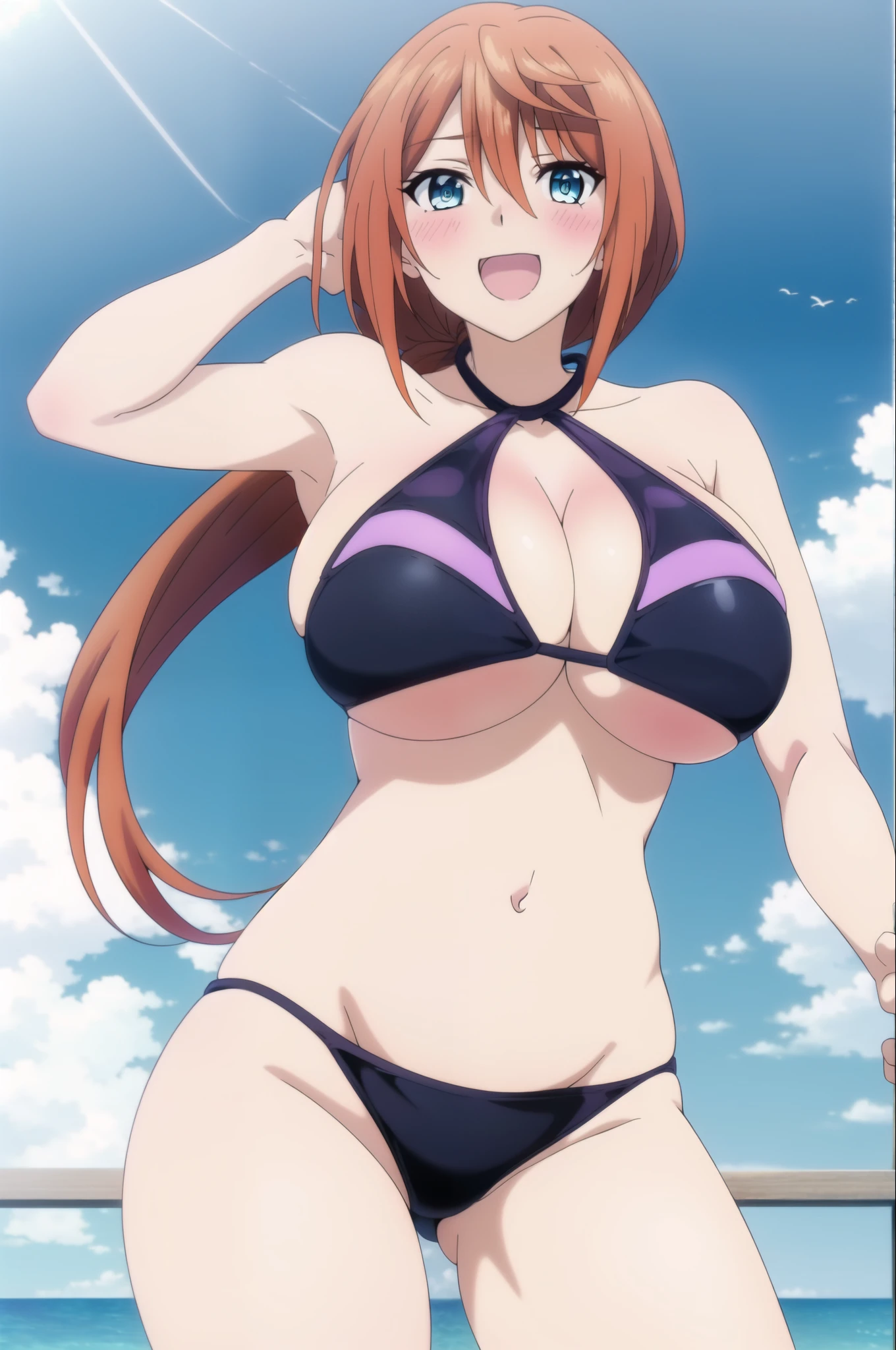 1girl, breasts, ((black swimsuit)), bikini, blue eyes, solo, huge breasts, navel, blush, long hair, open mouth, cleavage, outdoors, sky, looking at viewer, clothing cutout, day, orange hair, smile, cloud, blue sky, hair between eyes, hand on own face, low ponytail, ponytail, cleavage cutout, black bikini, purple bikini, railing, red hair, bare shoulders