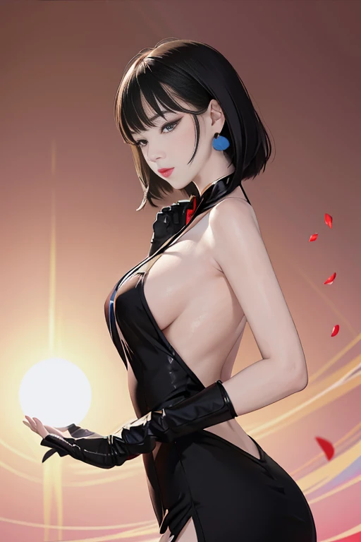 tsuruta ichiro, Narrow-eyed, 1girl in, Allback、deadpan、short-hair、shorth hair、brow、Reluctance、A dark-haired、Tucked Hair Solo, Cowgirl, Onepiece, ((big breasts)), Thin slit eyes、Black eyes, Light shines on the eyes、smile, Black hair, gloves, Dress, Luxurious Jewelry, earrings, sharp eye、 elbow groves,Raise your hands and tie your hair back, random color, random color dress, Makeup for long eyes, Slender eyes、lip stick, Complex petal pattern, Rim Light, Back Light, pastel color,Studio Lighting, no bad fingers or body.