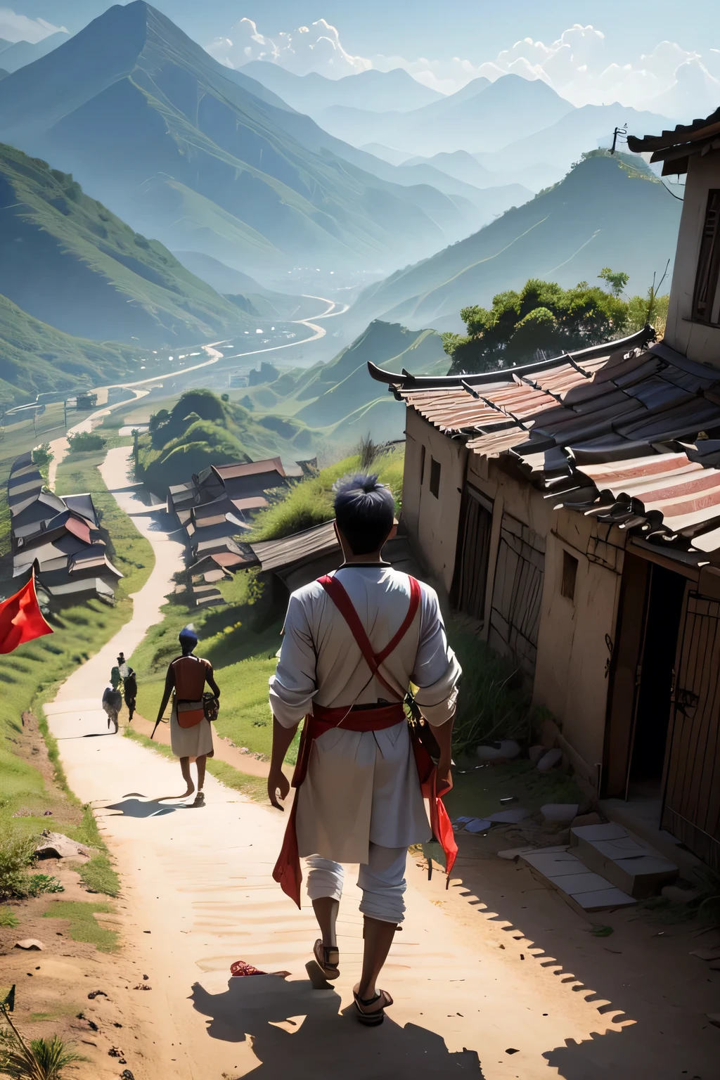 Asian Man in the foreground (holding Chinese flag) and African black woman in the distance (holding Cameroonian flag) walking towards other on a tough path. Walls closing in on man symbolize challenges. Background: Poverty (dilapidated houses, arid land) vs. Progress (modern buildings, green fields). Scattered posters show COVID aid from China. Great Wall & Reunification Monument symbolize strength & unity. Traditional clothes, mountainous terrain, sunlight = cultural context, arduous journey, hope